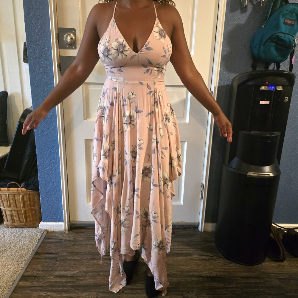 Elegant Floral High-Low Dress in Blush